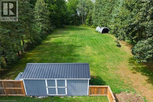 Expansive green lawn surrounded by mature trees, featuring a detached shed with a metal roof and a wooden privacy fence - 78 Oak Street, Simcoe, ON 