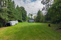 Expansive grassy yard area with mature trees bordering the perimeter - 