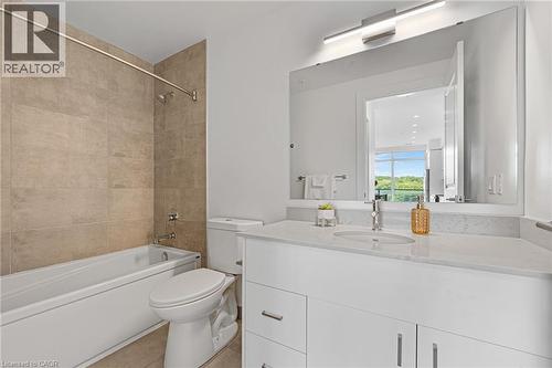 Full bathroom with bathing tub / shower combination, vanity, and light tile patterned floors - 50 Grand Avenue S Unit# 801, Cambridge, ON 