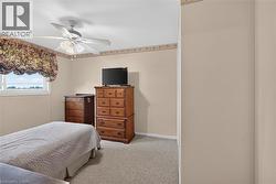 Carpeted flooring, a window with a valance, and a ceiling fan with integrated lighting - 
