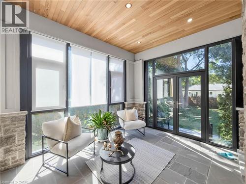 Wood-finish plank ceiling with recessed lighting - 236 Poplar Drive, Burlington, ON 