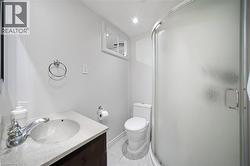 Bathroom featuring a corner shower with frosted glass, a single vanity with a light-colored countertop, and a white toilet - 