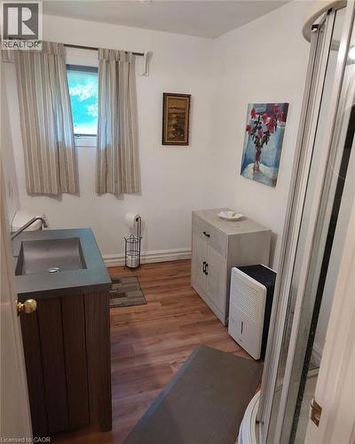 Compact bathroom featuring a shower enclosure, wood-finish flooring, a single vanity with an integrated sink, and a window for natural light - 16431 Highway 35, Algonquin Highlands, ON 