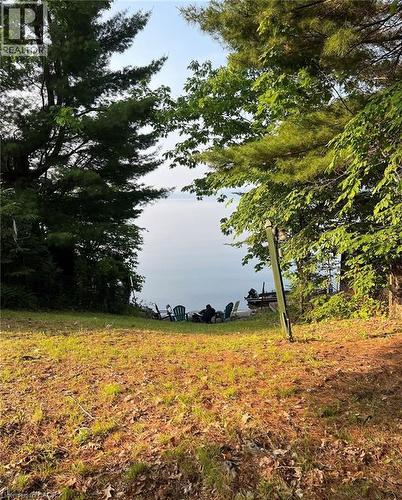 Sloping grassy terrain with mature trees, leading to a body of water with a dock structure - 16431 Highway 35, Algonquin Highlands, ON 