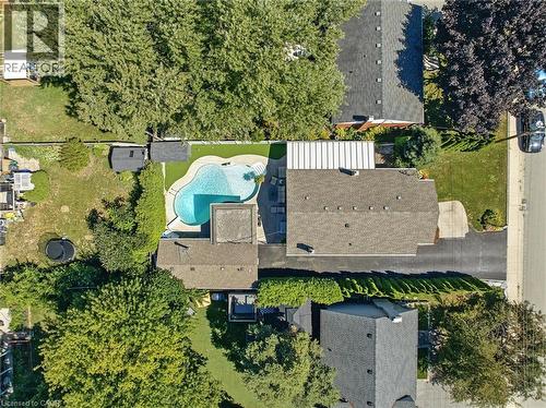 Backyard featuring a free-form swimming pool, extensive patio space, and mature trees - 2209 Ghent Avenue, Burlington, ON 
