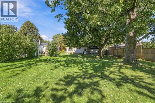 Expansive grassy yard with mature trees, a wood privacy fence, and rear exterior building elements - 49 Beverly Crescent, Welland, ON 