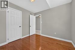 Wood-finish flooring, light gray wall paint, white trim, white six-panel interior doors, and a ceiling-mounted light fixture - 