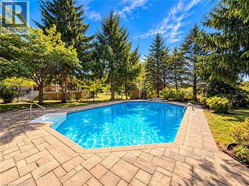 In-ground swimming pool with integrated steps, surrounded by paver patio, and mature trees - 74 Davidson Boulevard, Dundas, ON 