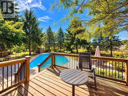 Wood deck with a black metal railing and a built-in swimming pool - 74 Davidson Boulevard, Dundas, ON 