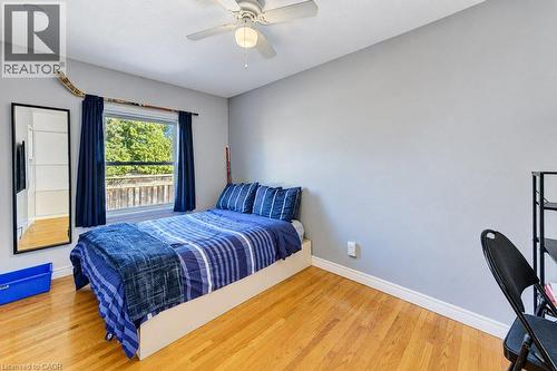 Hardwood flooring, painted walls, ceiling fan, and window with outdoor greenery - 34 Wayne Drive, Kitchener, ON 