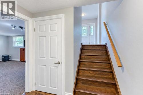 Hardwood staircase with natural wood handrail, paneled interior door, and front entry door with decorative glass inserts - 34 Wayne Drive, Kitchener, ON 