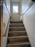 Carpeted staircase with a wood handrail, leading to an exterior door with a glass panel, flanked by paneled walls - 