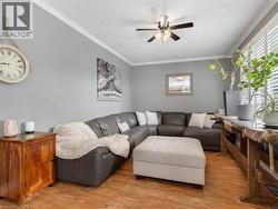 Living area featuring crown molding, wood-finish flooring, and a ceiling fan with integrated lighting - 