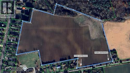 Property Survey Map. Illustrating the boundaries and dimensions of the property, including access points and adjacent roads - 264 Old Highway 24, Waterford, ON 