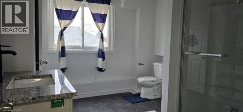 Bathroom featuring a vanity with an integrated sink, granite countertop, wall-mounted faucet, window, and a glass-enclosed shower - 284 Brucedale Avenue E, Hamilton, ON 