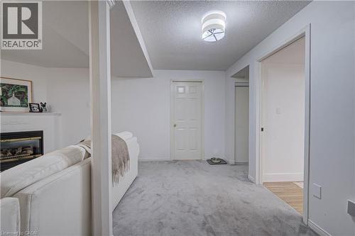 Recessed fireplace with mantel, carpeted flooring, paneled interior door, and overhead lighting fixture - 317 Christopher Drive, Cambridge, ON 