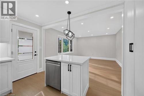 Kitchen island with quartz countertop and integrated stainless steel dishwasher, illuminated by a geometric pendant light - 50 West 4Th Street, Hamilton, ON 
