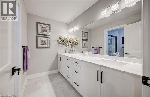 Bedroom level 5 pc bathroom with double quartz vanity - 61 Schweitzer Street, Kitchener, ON 