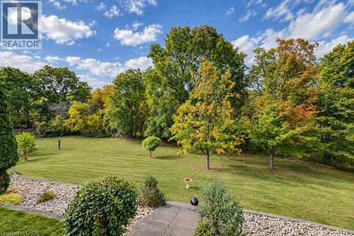 Expansive green lawn surrounded by mature trees, featuring varied foliage and a stone patio with steps - 1370 Thorman Place, Cambridge, ON 