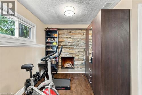 Wood-finish flooring, stone-clad fireplace, integrated shelving, built-in dark wood cabinetry, and a window with white trim - 617 Scenic Drive, Hamilton, ON 
