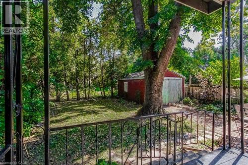 Spacious backyard with mature trees, manicured lawn, and a red storage shed - 43 Rosslyn Avenue S, Hamilton, ON 