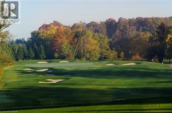 Expansive golf course green with multiple sand traps, a putting green, and mature trees as a backdrop - 