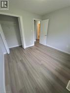 Wood-finish flooring throughout, light gray wall paint, white trim, and a bi-fold closet door - 