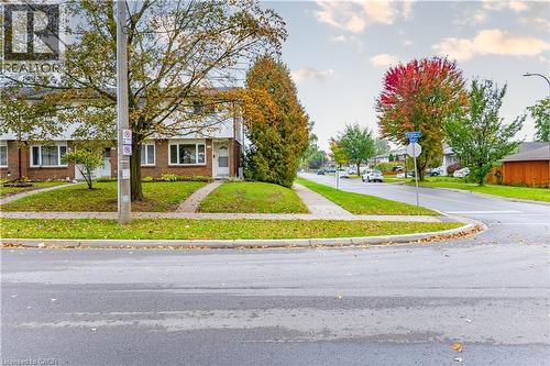 Corner lot property featuring brick masonry exterior, multi-pane windows, and mature trees on a landscaped lawn - 227 Fergus Avenue, Kitchener, ON 