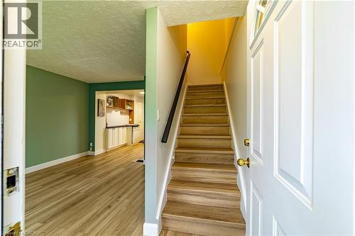 Entry featuring a paneled front door, wood-finish flooring, and a staircase with a handrail - 227 Fergus Avenue, Kitchener, ON 