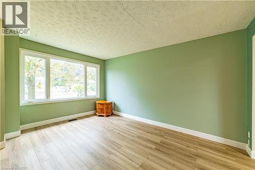 Interior space featuring wood-finish flooring, a large multi-pane picture window, and neutral wall paint - 227 Fergus Avenue, Kitchener, ON 