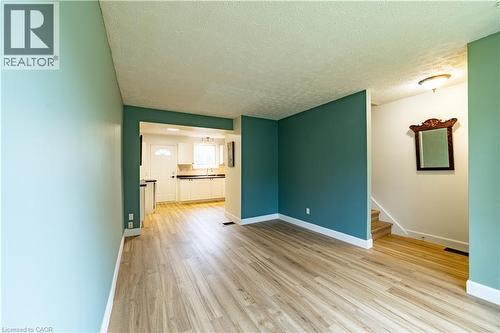 Interior space featuring wood-finish flooring, teal accent walls, and a recessed ceiling fixture - 227 Fergus Avenue, Kitchener, ON 