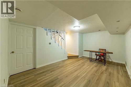 Wood-finish flooring, white panel door, and staircase with white railing - 227 Fergus Avenue, Kitchener, ON 
