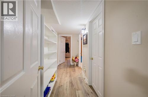 Bright hallway featuring wood-finish flooring, multiple white panel doors with brass hardware, and abundant natural lighting from recessed ceiling fixtures - 16 Steed Court, Brantford, ON 