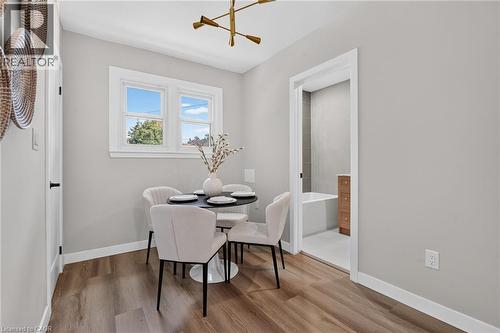 Wood-finish flooring, white trim throughout, and a modern ceiling fixture - 43 E Brucedale Avenue E, Hamilton, ON 