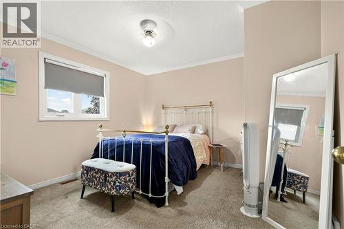 Textured carpeting, crown molding, and a single window with roller shade - 31 Grindstone Way, Hamilton, ON 