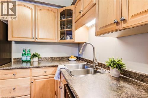 Light wood-finish cabinetry, patterned countertops, double basin stainless steel sink, and a gooseneck faucet - 360 Cornridge Place Unit# 2, Waterloo, ON 