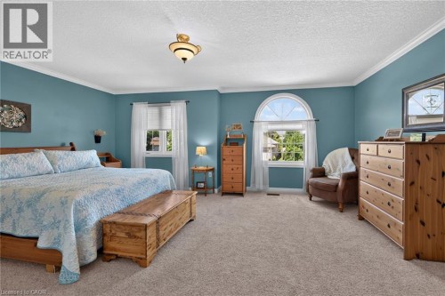 Arch-top window, broad window, crown molding, ceiling light fixture, carpeted flooring - 10 Balvenie Boulevard, Caledonia, ON 