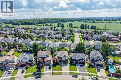 Residential neighborhood featuring a variety of detached homes with attached garages, surrounded by expansive green fields - 10 Balvenie Boulevard, Caledonia, ON 