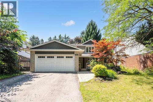 Welcoming front elevation featuring a three-car garage with paneled doors, brick and stone exterior accents, a curved driveway with mature landscaping including Japanese maple and evergreen plantings, - 345 Beechlawn Drive, Waterloo, ON 