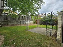 Lawn area with mature tree, wood fencing with lattice detail, and a paved patio area - 