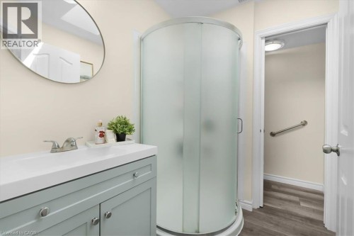Vanity with integrated white basin and chrome faucet, curved glass shower enclosure, wood-finish flooring, and a wall-mounted oval mirror - 150 Bankside Drive, Kitchener, ON 