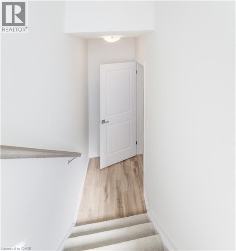 Carpeted staircase with a wood handrail, leading to a hallway with wood-finish flooring, a two-panel interior door, and a flush-mount ceiling light fixture - 25 Urbane Boulevard, Kitchener, ON 