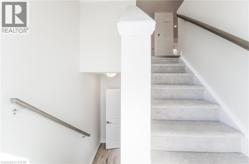 Carpeted staircase with painted risers and a wood-finish handrail - 25 Urbane Boulevard, Kitchener, ON 