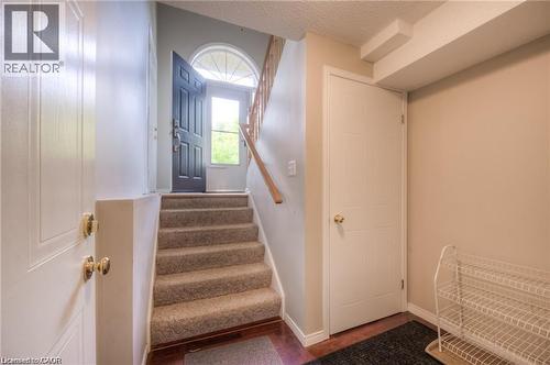 Front entry featuring a dark-paneled door, arched transom window, and carpeted stairs with a wood handrail - 8 Melran Drive Unit# 2, Cambridge, ON 