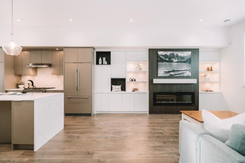 8133 202 Street, Langley, BC - Indoor Photo Showing Kitchen With Fireplace With Upgraded Kitchen