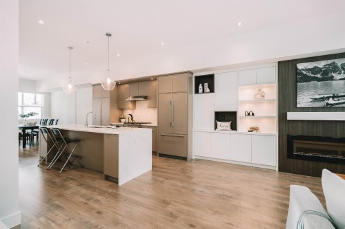 8133 202 Street, Langley, BC - Indoor Photo Showing Kitchen With Fireplace With Upgraded Kitchen
