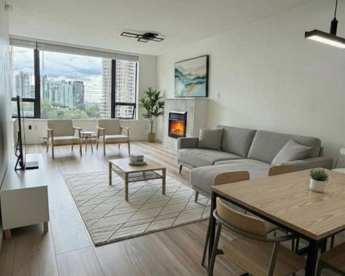 1107-4178 Dawson Street, Vancouver, BC - Indoor Photo Showing Living Room With Fireplace