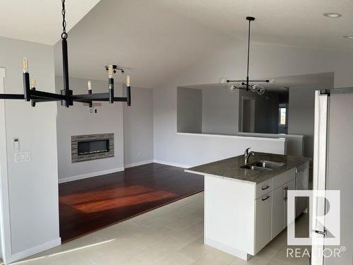 7315 Creighton Close, Edmonton, AB - Indoor Photo Showing Kitchen With Fireplace With Double Sink