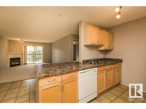 220 2098 Blackmud Creek Drive, Edmonton, AB - Indoor Photo Showing Kitchen With Fireplace With Double Sink