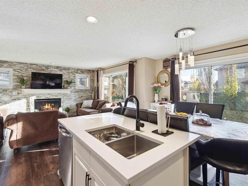 488 Hunters Green Green, Edmonton, AB - Indoor Photo Showing Kitchen With Fireplace With Double Sink